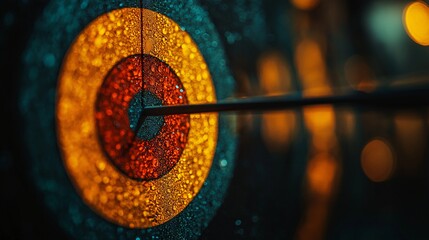 A close-up view of a dart piercing the bullseye on a dartboard in a dimly lit setting