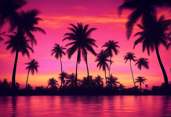Obraz premium tropical evening sea tree black digitalartwork synthwave background nature sunset ocean paradise travel beach abstractdesign coast dusk vintage palm vibrant hawaii summer sky neonlight water s