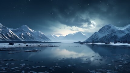 Naklejka premium digital technology snow mountain and moon landscape poster background