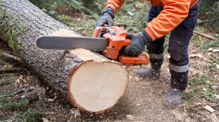Chainsaw. Close-up of woodcutter sawing chain saw in motion, sawdust fly to sides. Concept is to bring down trees.