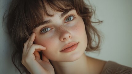 Glowing skin beauty portrait, gentle smile, close-up of a young woman with hand near face, empty space, simple background, soft lighting.