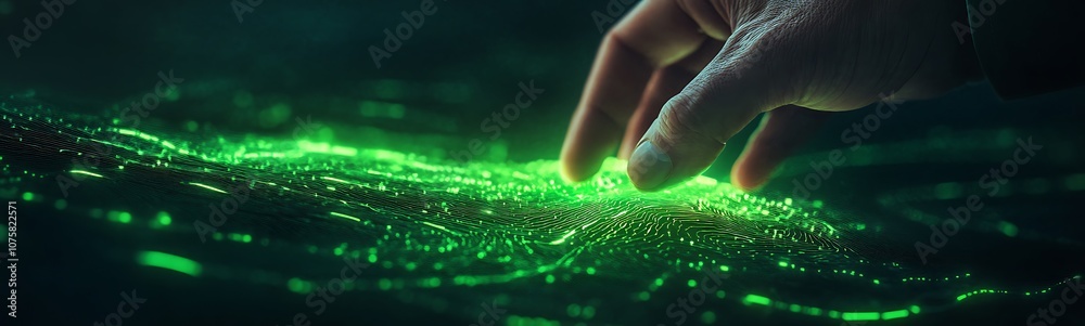 Fototapete A hand reaches out to touch a flowing stream of glowing green particles, evoking a sense of connection and interaction with technology or nature.