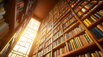 Obraz premium Bookshelves full of books in a library with a window letting in sunlight.