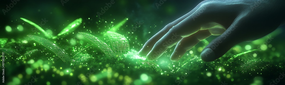 Aufkleber A hand touches glowing green particles, creating a magical and ethereal atmosphere, symbolizing connection with nature or a mystical environment.