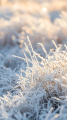 Close-up of frost-covered grass blades in the sunlight.