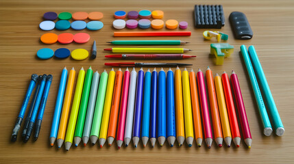 Naklejka premium Colorful art supplies arranged on a wooden surface.