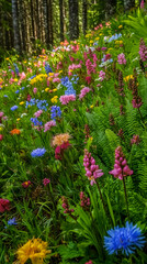 Colorful wildflowers bloom in a lush forest clearing.