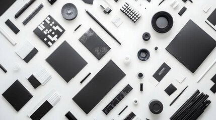 Flat lay of black and white office supplies on a white background.