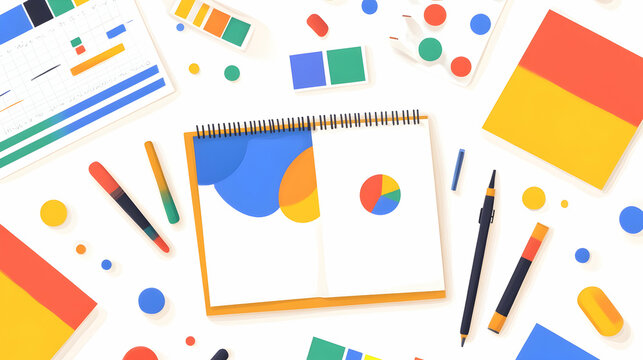 Flat lay of an open notebook with colorful shapes and a pie chart surrounded by art supplies and design elements.