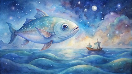 Naklejka premium Surreal ocean dreamscape with giant fish and sailing ship under starry night sky