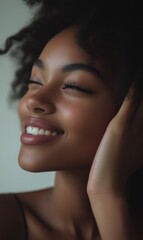 Fototapeta premium Woman smiling softly, smooth and radiant skin, close-up shot, hand touching cheek, empty background, subtle lighting, elegance, empty space.