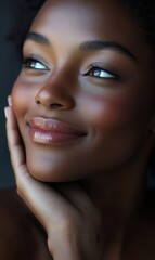 Fototapeta premium Woman smiling softly, smooth and radiant skin, close-up shot, hand touching cheek, empty background, subtle lighting, elegance, empty space.