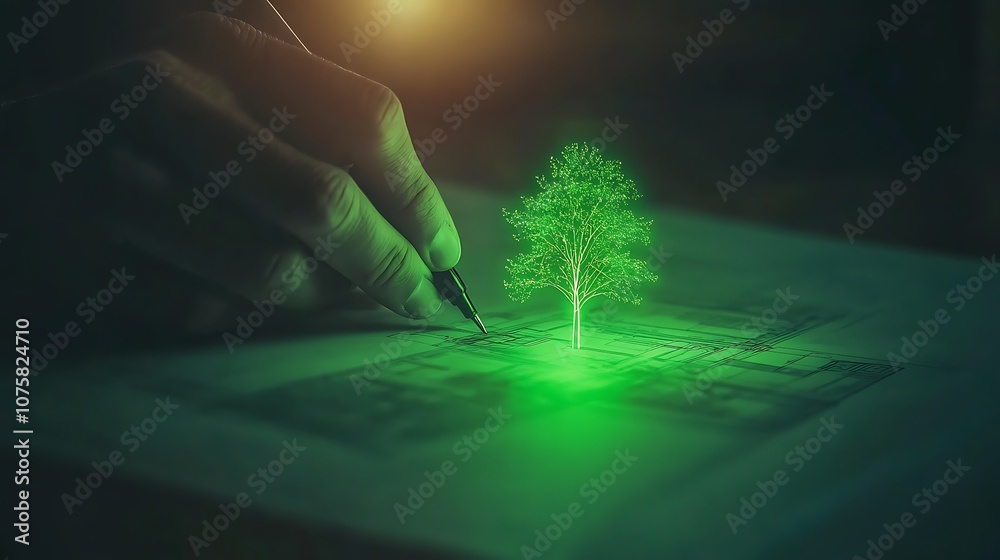 Poster a hand sketches a glowing green tree on paper, symbolizing creativity and growth in a dimly lit sett