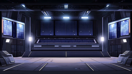Futuristic interior with large screens and a stage.