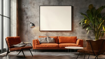 Interior mockup of a living room with a large frame in ISO