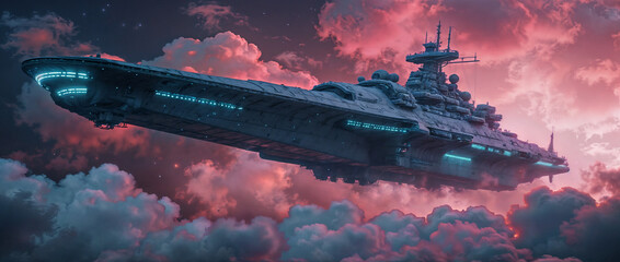 Massive Battle Cruiser Hovering Amidst Clouds