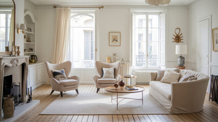 bright and airy living room featuring elegant furniture, large windows, and wooden flooring. space exudes cozy and inviting atmosphere, perfect for relaxation