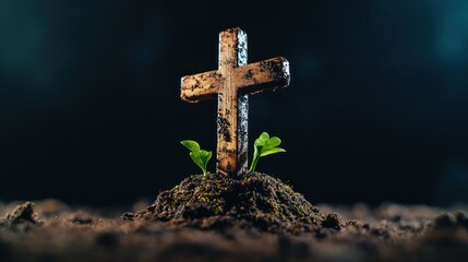 Woodland Funeral: Natural Burial at Forest Cemetery with Wooden Cross and Mossy Grave in the Woods
