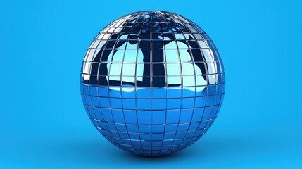 Blue Shiny Disco Ball Globe on Blue Background 3D Render