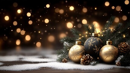 Festive Christmas Ornaments with Pine Branches and Bokeh Lights