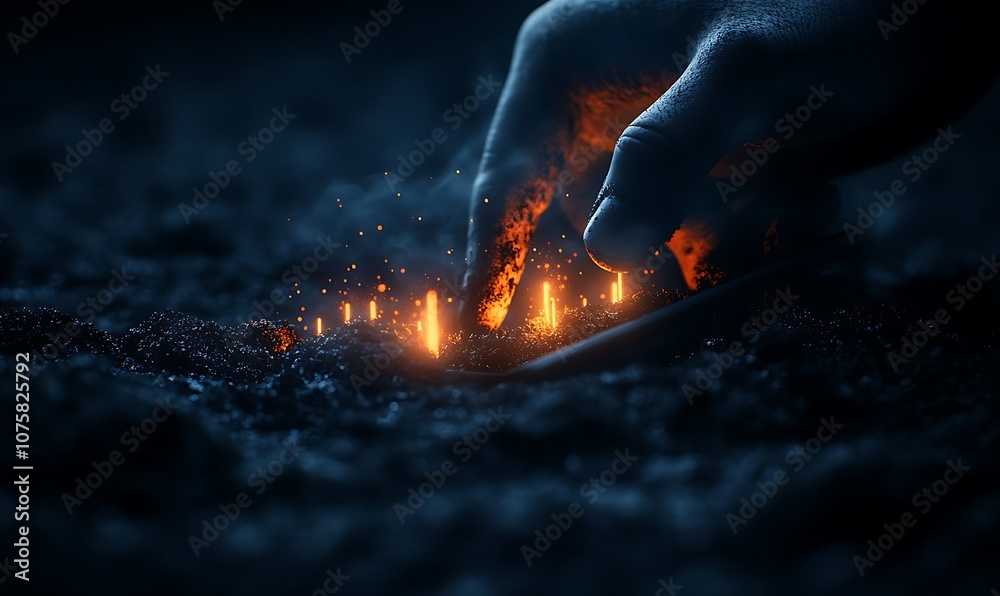 Poster a hand reaches into a dark, textured surface, illuminating small glowing sparks, creating a mystical
