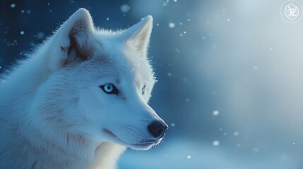 Fototapeta premium Beautiful wild white arctic wolf in cold snowy winter forest. Wolf pack in hunt. Wild hunter, dangerous animal in nature habitat. Wildlife scene