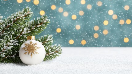 Winter Wonderland Christmas Ornament with Snow Covered Pine Branch and Festive Lights