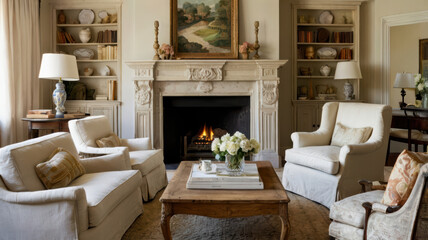 Bright and airy living room featuring two chic chairs, cozy fireplace, and elegant decor. warm atmosphere invites relaxation and comfort