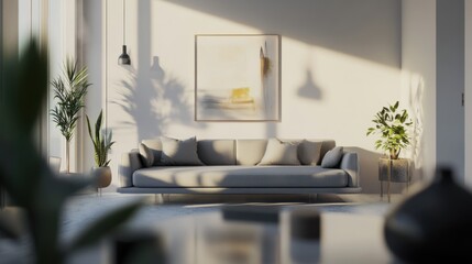 Modern minimalist living room with a sleek gray sofa,