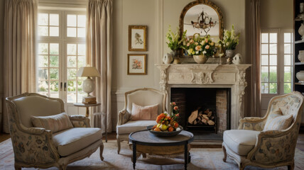 Fototapeta premium Elegant living room design featuring two upholstered chairs, decorative fireplace, and floral arrangements. warm ambiance invites relaxation and comfort