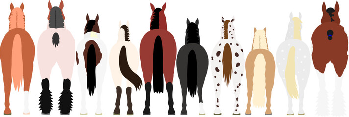cute colorful cartoon horses in a row, from behind