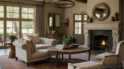 Elegant contemporary living room featuring cozy sofa, round coffee table, and fireplace. warm ambiance is enhanced by natural light and tasteful decor