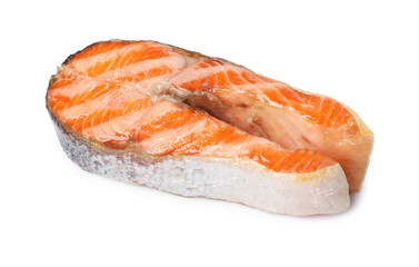 Tasty grilled salmon steak isolated on white