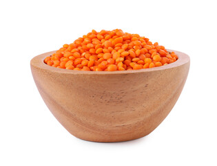 Raw lentils in bowl isolated on white