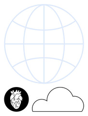 Contour of a globe, human heart inside circle, and cloud shape. Ideal for global healthcare, environment, internet infrastructure, tech industries, education data storage medical research. Line