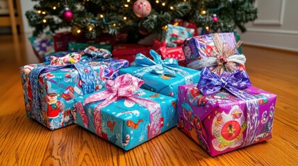 Presents wrapped in vivid colors, with different styles