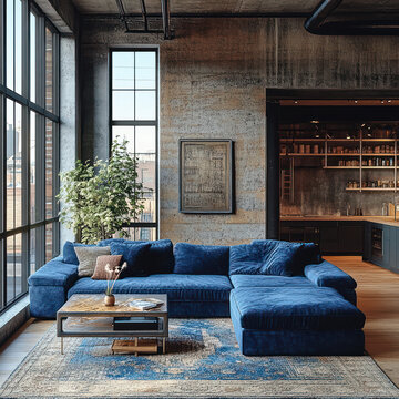 Fototapeta High ceiling industrial loft apartment with grey concrete and old bricks wall and tall  black frames glass windows , velvet blue sofa color theme  