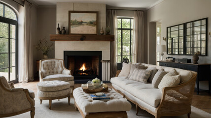 Obraz premium serene modern living space featuring cozy fireplace, elegant furniture, and natural light. warm tones and inviting decor create relaxing atmosphere