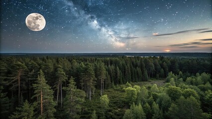A dense forest lies beneath a star-filled night sky with a large moon hanging low in the horizon, forest, trees, landscape, full moon, outdoors