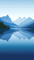 Serene mountain lake with blue sky and fog, reflecting the mountains.