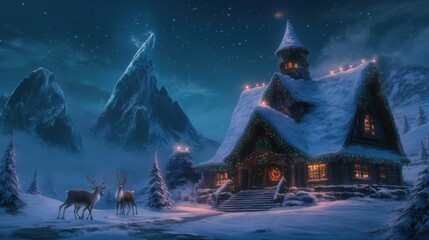 Fototapeta premium Santa's enchanting home at the North Pole, with a snow-covered