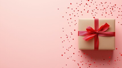 Obraz premium Minimalist gift box with red ribbon and scattered heart confetti, space for copy text