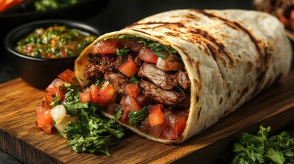 Close up shawarma in wooden tray in table, Grilled pita wrapping chicken meat and fresh vegetables with sauce. healthy food.