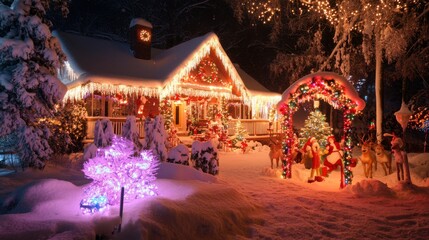 sparkles on the roof, colorful Christmas lights twinkle, and elves