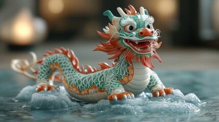 Fototapeta premium Chinese Dragon Figurine on Ice Mythical Creature Asian Art Decorative Object Water Teal Orange