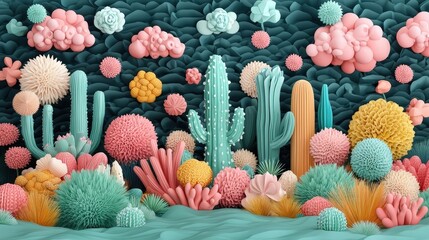 Colorful 3D Abstract Garden Illustration with Cactus and Flowers