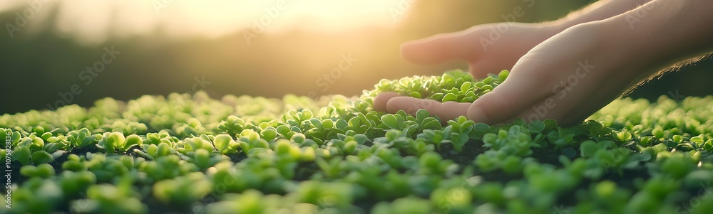 Poster a serene image of hands gently touching vibrant green plants, symbolizing growth and connection with