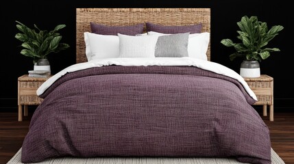 Modern Bedroom Interior Design with Purple Bedding and Wicker Headboard