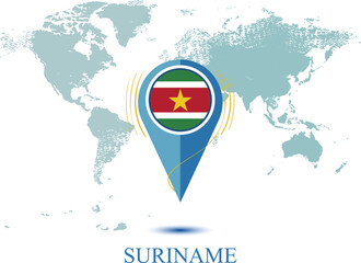 Naklejka premium map with magnified SURINAME, map of my current position, map pointer icon isolated on white background SURINAME state flag. map vector illustration, Map pin SURINAME flag.eps