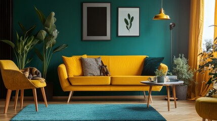 Scandinavian living room with a vibrant yellow sofa